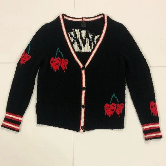 Pinko XS (up to XL) Realgar Cardigan Black w Red Green Cherry 🍒 Logo Design back - Picture 1 of 14